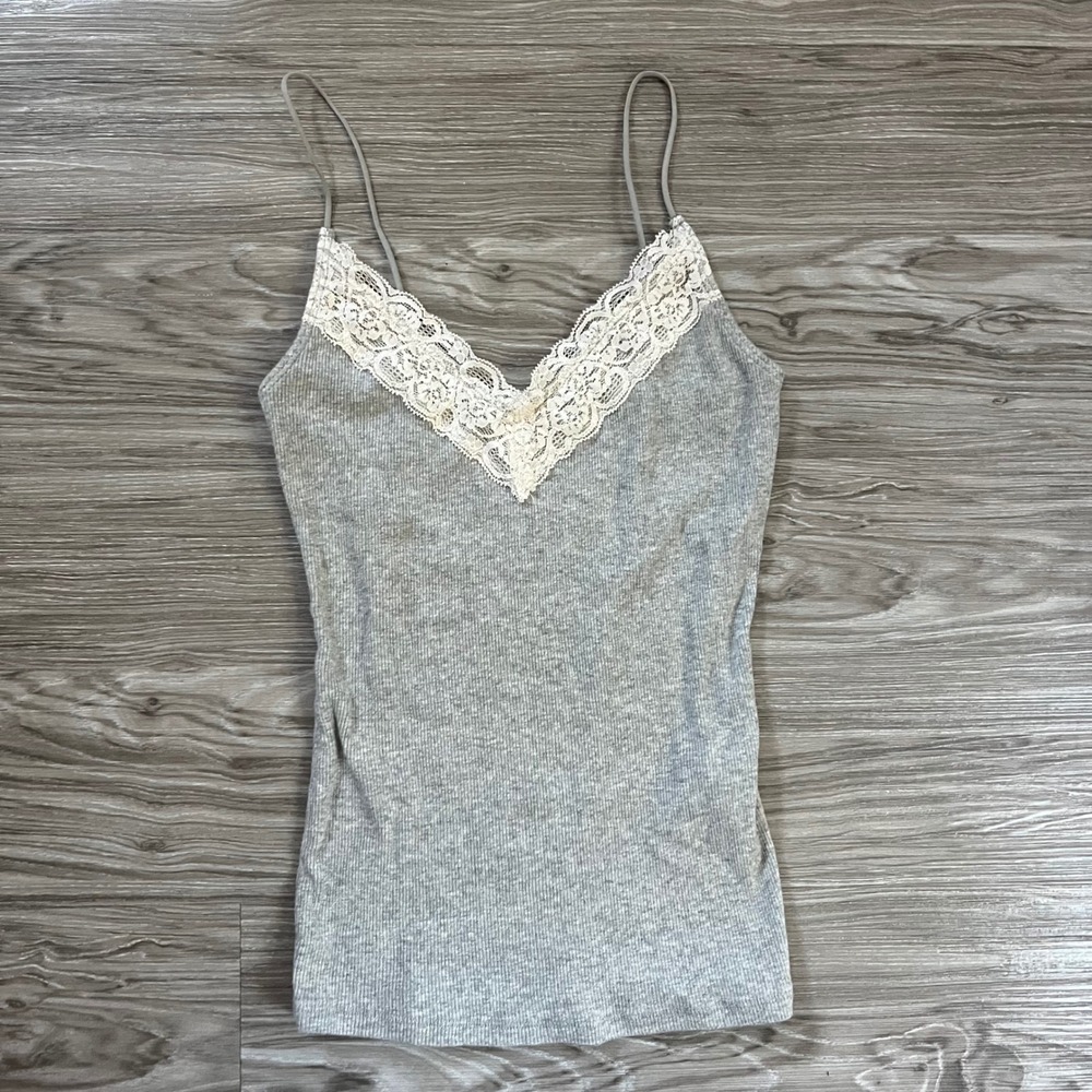 Hollister Grey Ribbed Lace Trim Camisole Tank Top XS 339L3634